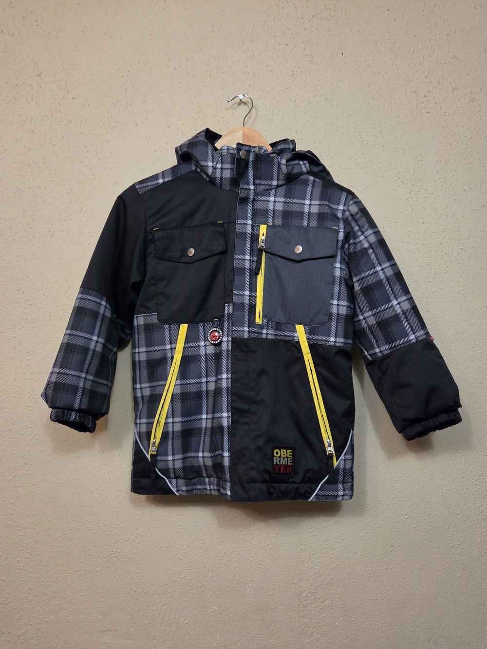 Obermeyer Jacket Boys 7 Black & Gray Plaid Puffer